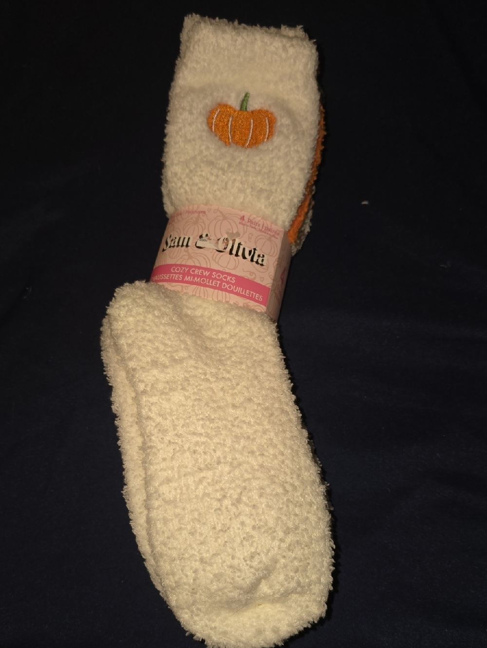 Sam & Olivia Cozy Cream Fuzzy Socks with Pumpkin Accent